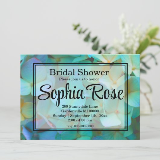 Aquamarin-blaugelbe Hydrangeas-Blume Einladung (Stehend Vorderseite)