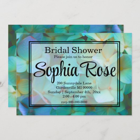 Aquamarin-blaugelbe Hydrangeas-Blume Einladung (Vorne/Hinten)