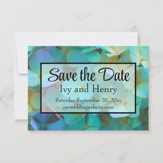 Aquamarin-blaugelbe Hydrangeas-Blume Save The Date (Vorderseite)