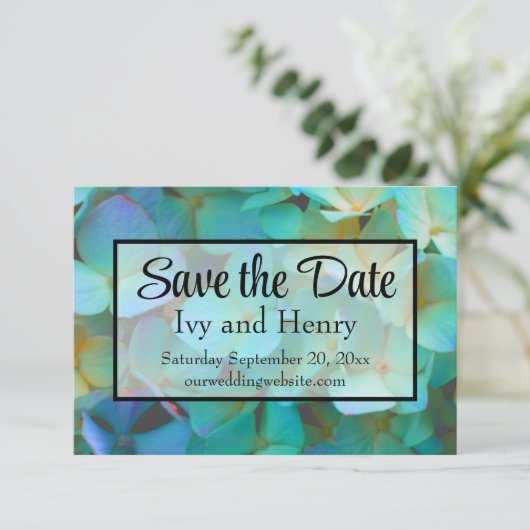 Aquamarin-blaugelbe Hydrangeas-Blume Save The Date (Stehend Vorderseite)