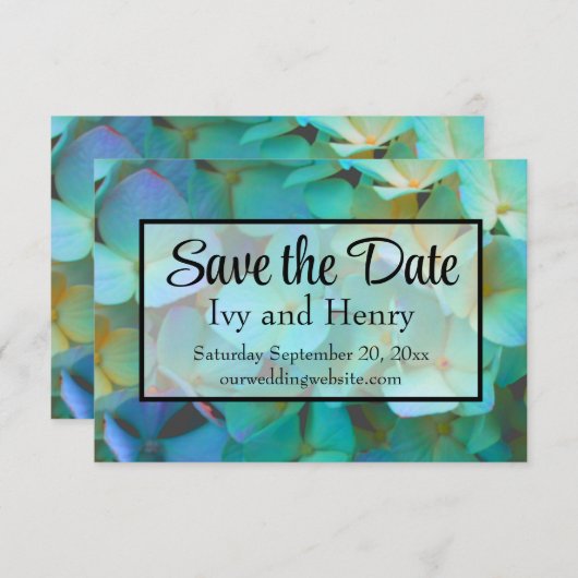 Aquamarin-blaugelbe Hydrangeas-Blume Save The Date (Vorne/Hinten)