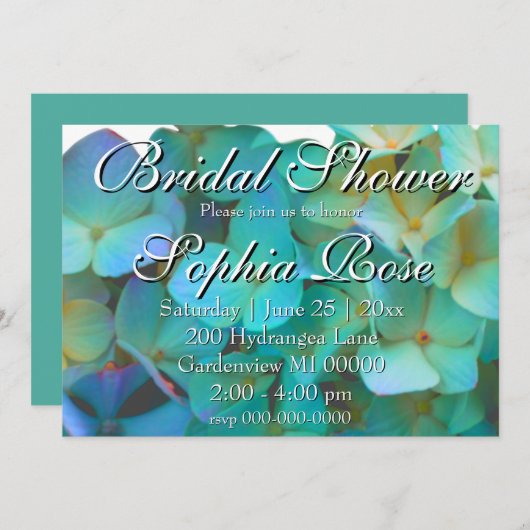 Aquamarin-blaurosa Hydrangeas Blumenkohl Brautpart Einladung (Vorne/Hinten)