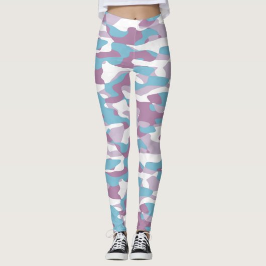 Aquamarin-blaurosa Lila-weißes Camouflage-Muster Leggings (Vorderseite)