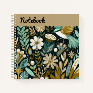 Aquamarin Bloom Notebook - Decorative Folk Birds T Notizblock