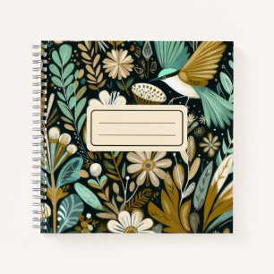 Aquamarin Bloom Notebook - dekorative Folk Birds Notizblock