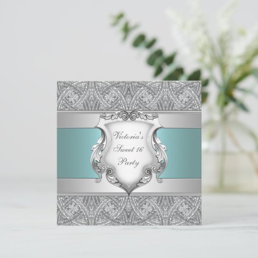 Aquamarin Blue 16 . Geburtstag Party Einladung (Stehend Vorderseite)