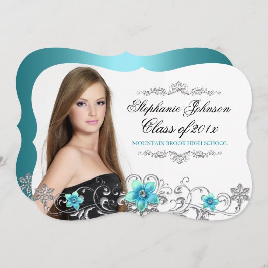 Aquamarin Blue Abschluss Card mit floraler Swirl Einladung (Vorne/Hinten)