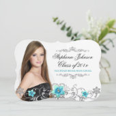 Aquamarin Blue Abschluss Card mit floraler Swirl Einladung (Stehend Vorderseite)