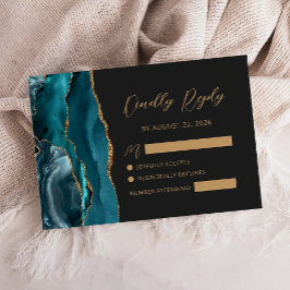 Aquamarin Blue Agate Gold Calligraphy Script Weddi RSVP Karte