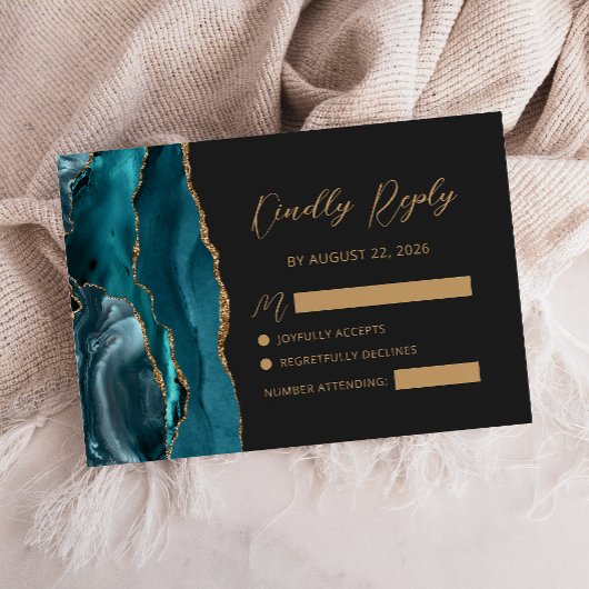Aquamarin Blue Agate Gold Calligraphy Script Weddi RSVP Karte