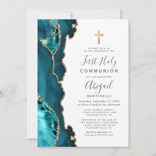 Aquamarin Blue Agate Gold Glitzer Erste Heilige Ko Einladung (Vorderseite)