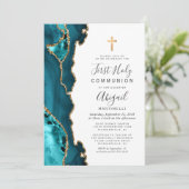 Aquamarin Blue Agate Gold Glitzer Erste Heilige Ko Einladung (Stehend Vorderseite)