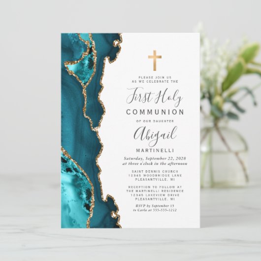 Aquamarin Blue Agate Gold Glitzer Erste Heilige Ko Einladung (Stehend Vorderseite)