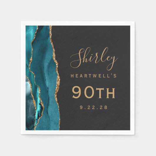Aquamarin Blue Agate Gold Script Dark 90. Geburtst Serviette (Vorderseite)