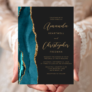 Aquamarin Blue Agate Gold Script Hochzeit Einladung