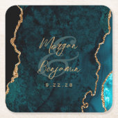Aquamarin Blue Agate Gold Script Wedding Rechteckiger Pappuntersetzer (Vorderseite)