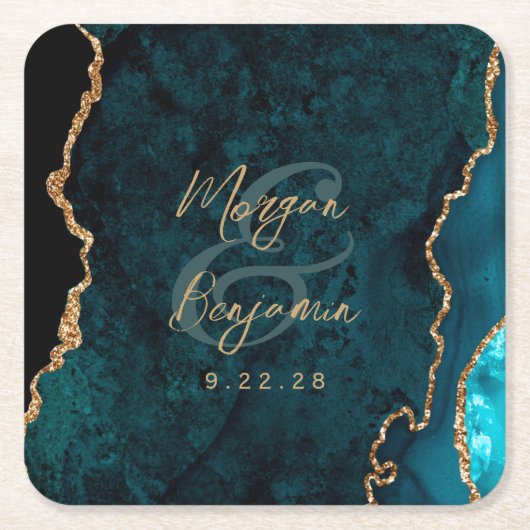 Aquamarin Blue Agate Gold Script Wedding Rechteckiger Pappuntersetzer (Vorderseite)