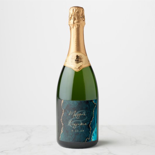 Aquamarin Blue Agate Gold Script Wedding Schaumweinetikett (Vorderseite)