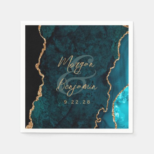 Aquamarin Blue Agate Gold Script Wedding Serviette (Vorderseite)
