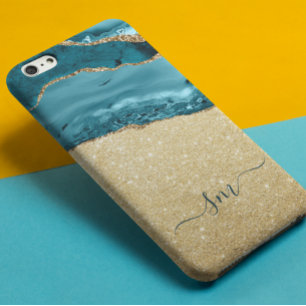 Aquamarin Blue Agate Monogram Script Stone Gold Case-Mate iPhone Hülle