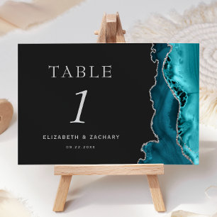 Aquamarin Blue Agate Silver Dark Wedding Tischnummer