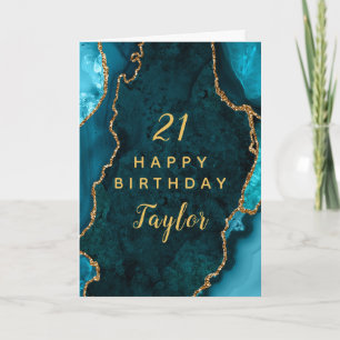 Aquamarin Blue and Gold Agate Happy Birthday Karte