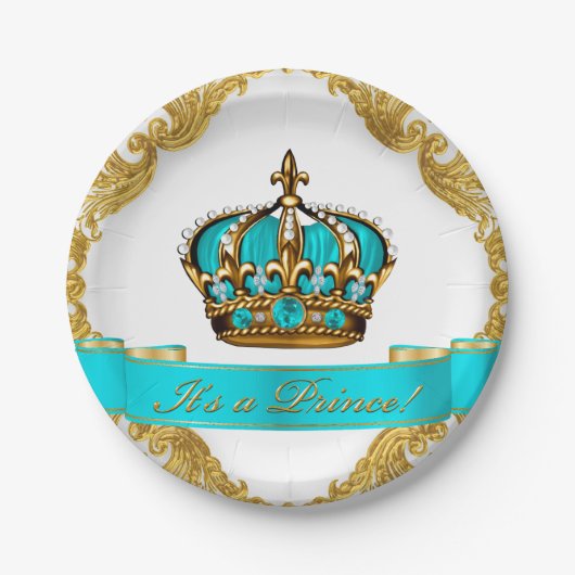 Aquamarin Blue and Gold Crown Prince Baby Dusche Pappteller (Vorderseite)