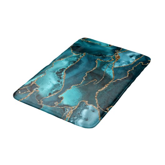 Aquamarin Blue and Gold Glitzer Agate Badematte (Schrägansicht)