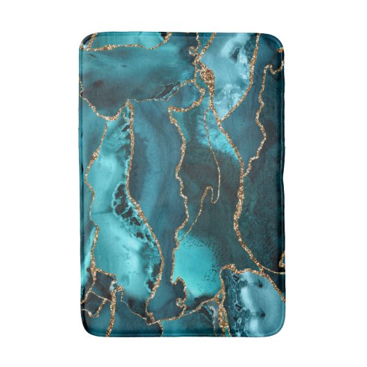 Aquamarin Blue and Gold Glitzer Agate Badematte (Vorderseite Vertikal)