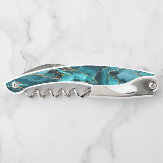 Aquamarin Blue and Gold Glitzer Agate Kellnermesser (Rückseite)