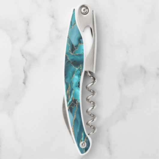 Aquamarin Blue and Gold Glitzer Agate Kellnermesser (Rückseite)