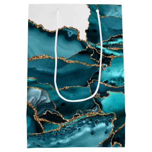 Aquamarin Blue and Gold Glitzer Agate Mittlere Geschenktüte (Rückseite)