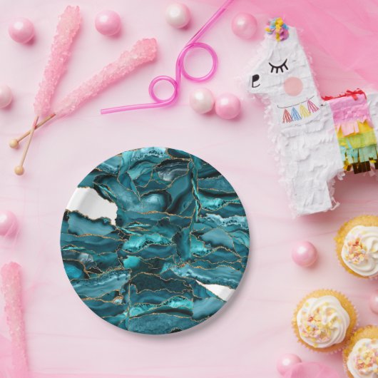 Aquamarin Blue and Gold Glitzer Agate Pappteller (Party)