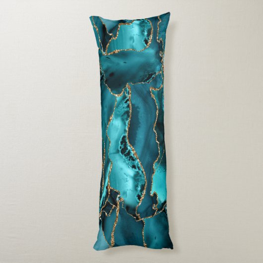 Aquamarin Blue and Gold Glitzer Agate Seitenschläferkissen (Rückseite (Vertikal))