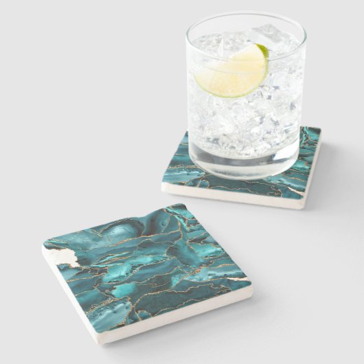 Aquamarin Blue and Gold Glitzer Agate Steinuntersetzer (Seitenansicht)