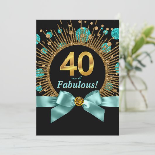 Aquamarin Blue and Gold Glitzer Frauen 40. Geburts Einladung (Stehend Vorderseite)