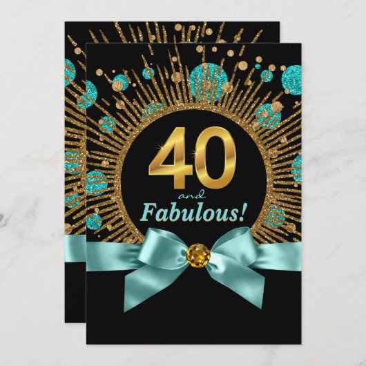 Aquamarin Blue and Gold Glitzer Frauen 40. Geburts Einladung (Vorne/Hinten)
