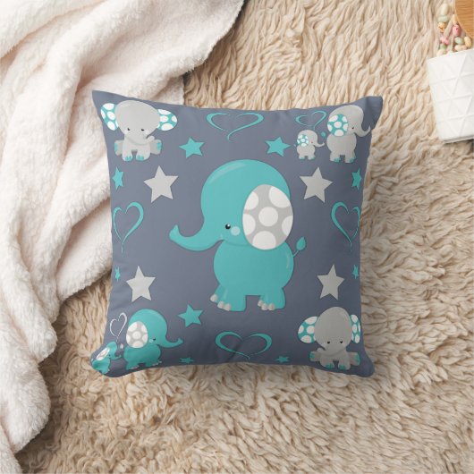 Aquamarin Blue and Gray Baby Elephants Muster druc Kissen (Decke)