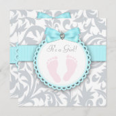 Aquamarin Blue and Gray Footprint Baby Girl Dusche Einladung (Vorne/Hinten)