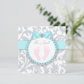 Aquamarin Blue and Gray Footprint Baby Girl Dusche Einladung (Stehend Vorderseite)