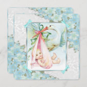Aquamarin Blue and Pink Stork Baby Dusche Einladung (Vorne/Hinten)