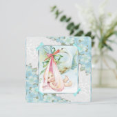 Aquamarin Blue and Pink Stork Baby Dusche Einladung (Stehend Vorderseite)