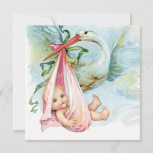 Aquamarin Blue and Pink Stork Baby Dusche Einladung