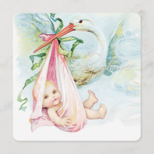 Aquamarin Blue and Pink Vintag Stork Baby Dusche Einladung