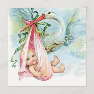 Aquamarin Blue and Pink Vintag Stork Baby Dusche Einladung