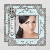Aquamarin Blue and Silver Foto Sweet 16 Birthday P Einladung (Vorne/Hinten)