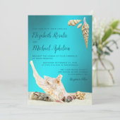 Aquamarin Blue Aqua Seashell Beach Wedding Einladung (Stehend Vorderseite)