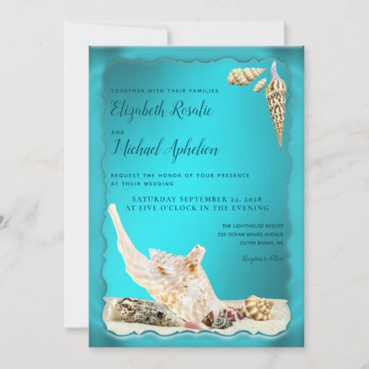 Aquamarin Blue Aqua Türkise Seashell Wedding Einladung (Vorderseite)