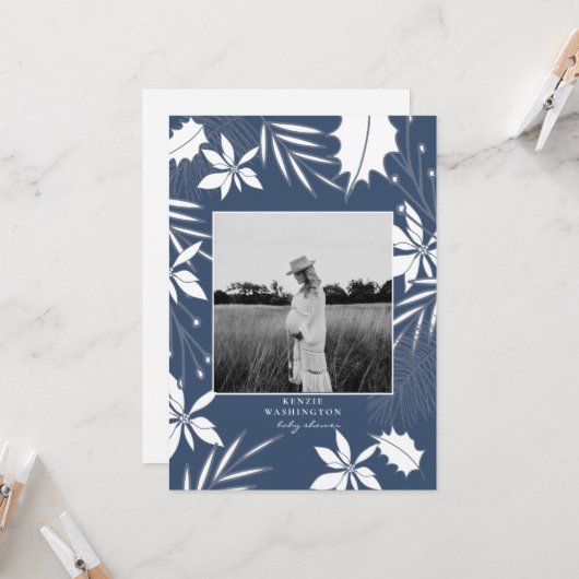 Aquamarin Blue B/W Foto Babydusche Einladung (Vorderseite/Rückseite Beispiel)