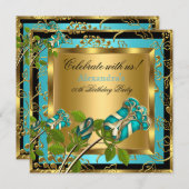 Aquamarin Blue Birthday Party Gold Floral Black Ro Einladung (Vorne/Hinten)